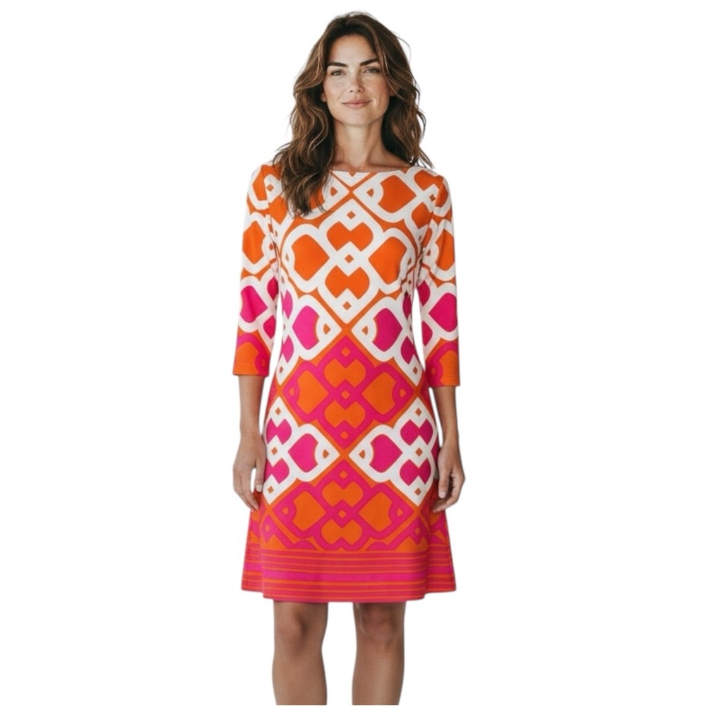 TAYLOR Geometric Fit & Flare Dress in Orange/Hot Pink/White Size 6 -- BEAUTIFUL - Picture 2 of 9